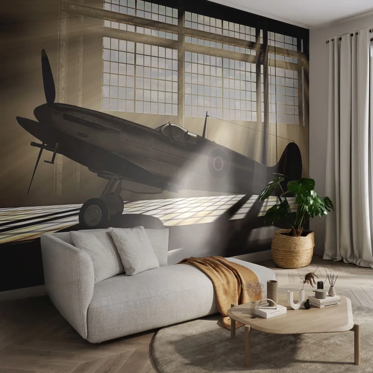 Photo Wallpaper Premium Sand - Warrior's Rest - Aircraft, Aviation Hangar, Plane - 300x210 cm
