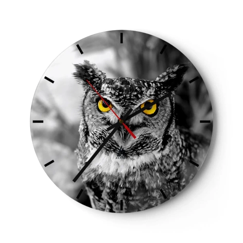 Wall clock - Clock on glass - An owl with yellow eyes on a black and white background - 30x30cm - Nothing Can Hide - Modern wall decoration for the living room, kitchen, and bedroom ARTTOR
