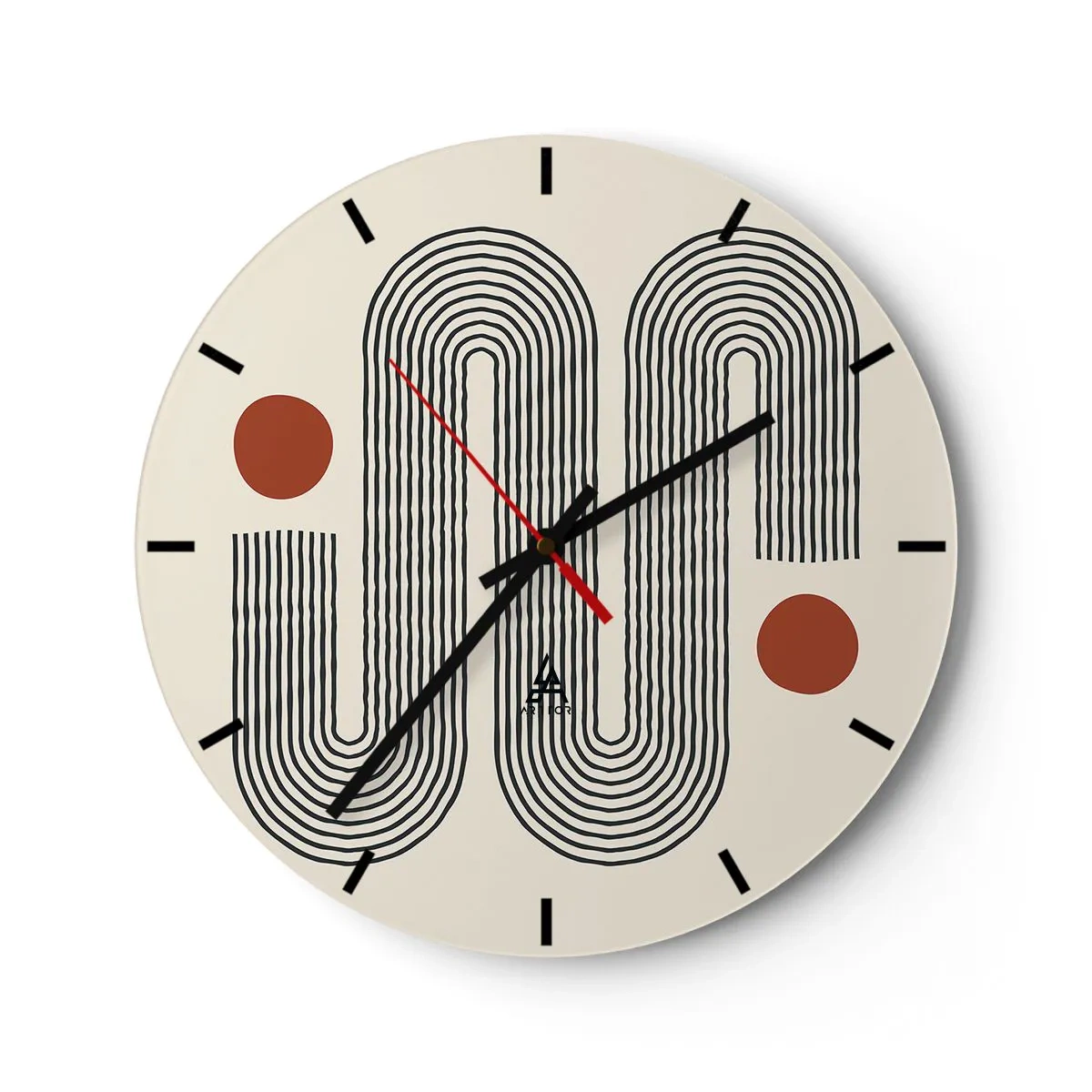 Wall clock - Clock on glass - A minimalist pattern with black lines and red circles on a cream background. - 30x30cm - From Beginning till the End - Modern wall decoration for the living room, kitchen, and bedroom ARTTOR