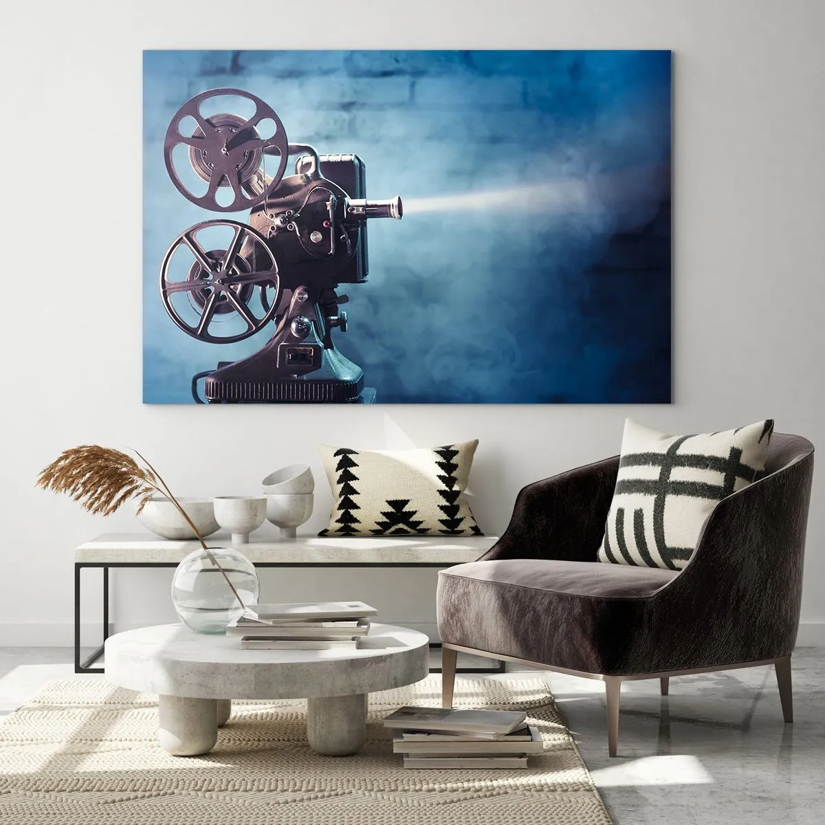 Glass picture - retro-style movie camera against a blue wall - 70x50cm - Once Upon a Time at the Cinema - Modern wall decoration for the living room and bedroom ARTTOR