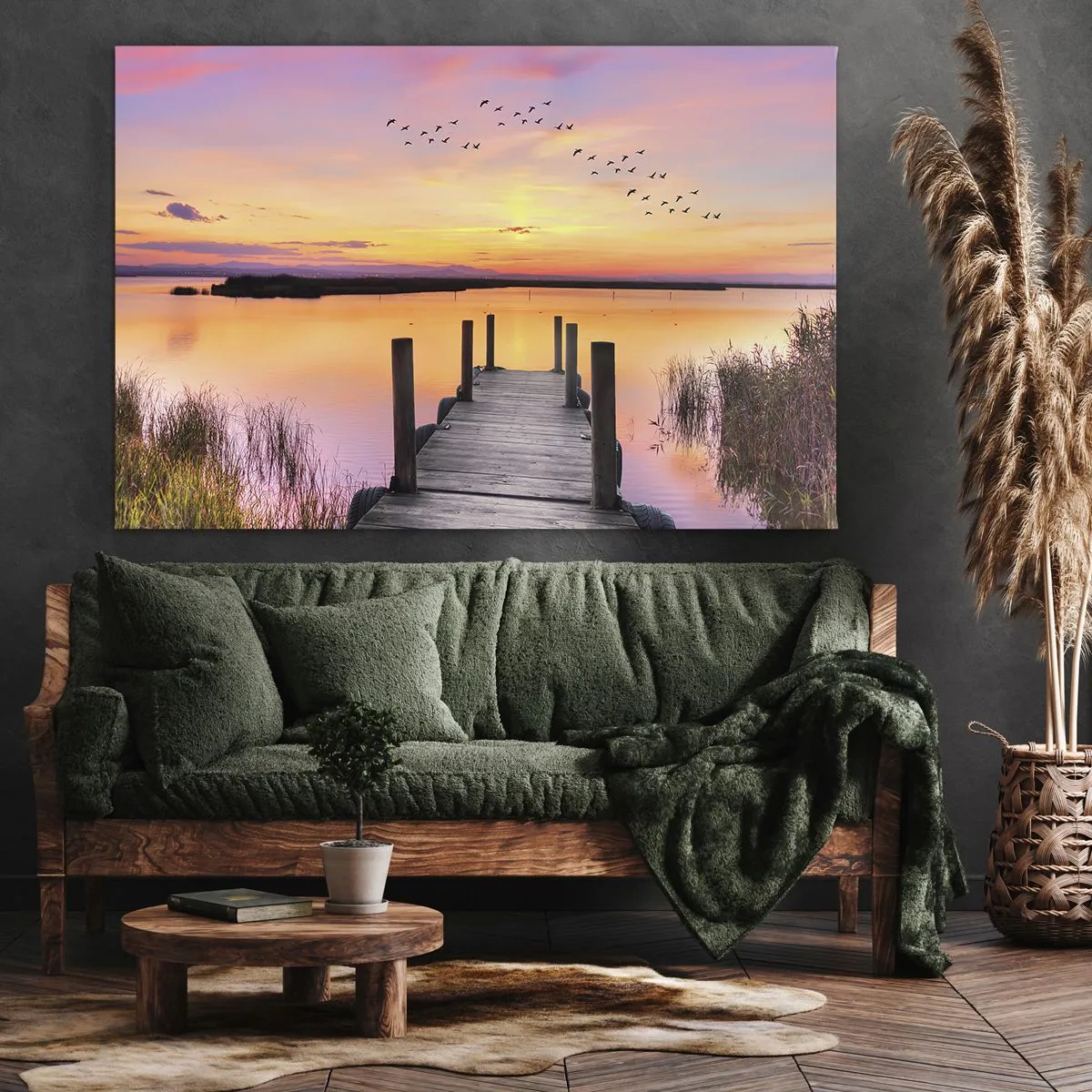 Canvas picture - A pier on a lake at sunset with birds in the sky - 70x50cm - Violet Quiet Dawn - Modern wall decoration for the living room and bedroom ARTTOR