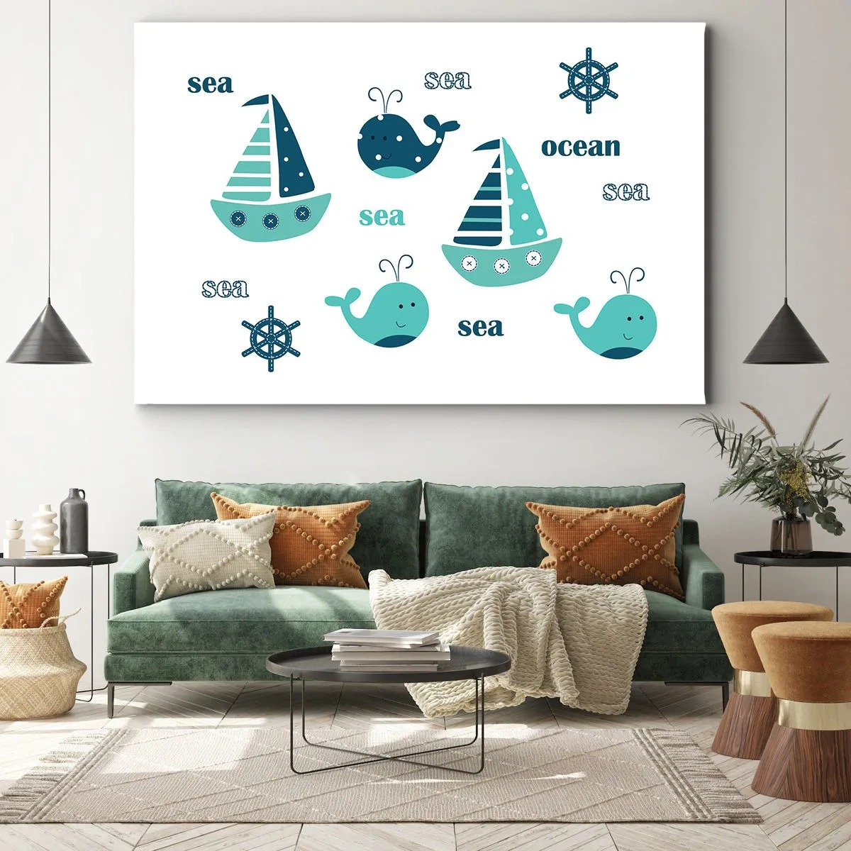 Canvas picture - Charming nautical motifs with whales and sailboats - 70x50cm - Through Seas And Oceans - Modern wall decoration for the living room and bedroom ARTTOR
