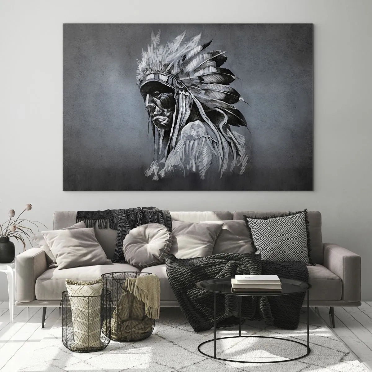 Glass picture - Portrait of a man with a feather headdress against a dark, gray background - 70x50cm - Return to the Roots - Modern wall decoration for the living room and bedroom ARTTOR