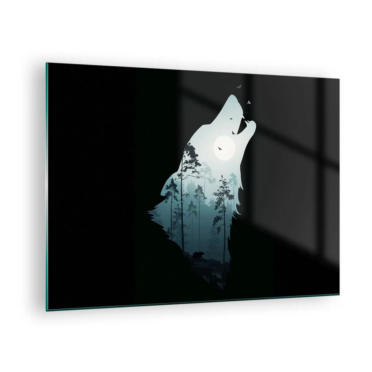 Glass picture - Silhouette of a wolf with a forest and moon in the background on a black background - 70x50cm - Sound of a Night Forest - Modern wall decoration for the living room and bedroom ARTTOR