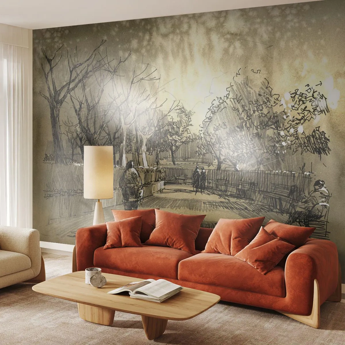 Self-Adhesive Photo Wallpaper Deluxe Sticker - Moment Stopped with a Feather - Park Alley, Park, Sepia - 100x70 cm