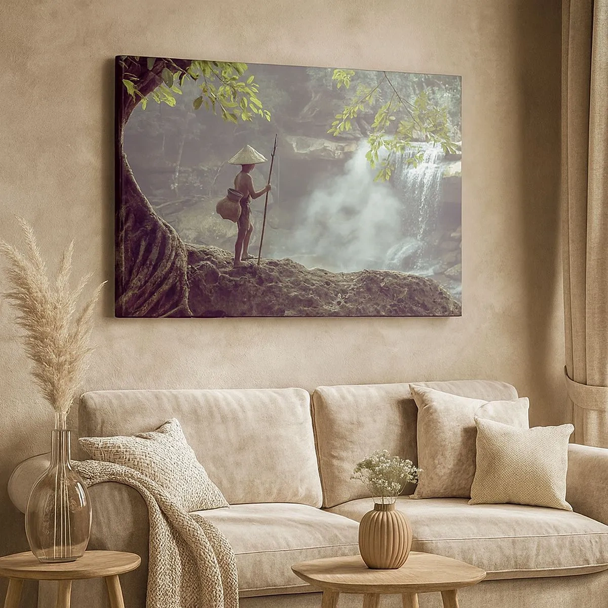 Canvas picture - A figure with a spear at a waterfall in a tropical forest - 70x50cm - Friends with Nature - Modern wall decoration for the living room and bedroom ARTTOR