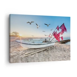 Canvas picture - A boat on the beach at dawn with seagulls and red flags - 70x50cm - Deserved Rest - Modern wall decoration for the living room and bedroom ARTTOR
