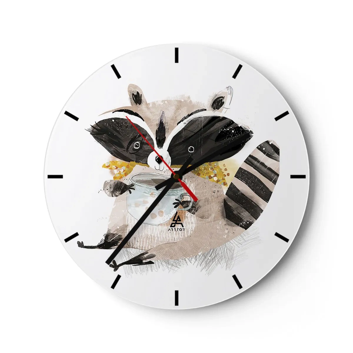 Wall clock - Clock on glass - A cute raccoon holding a mug of hot drink on a white background - 30x30cm - My Friend Raccoon - Modern wall decoration for the living room, kitchen, and bedroom ARTTOR