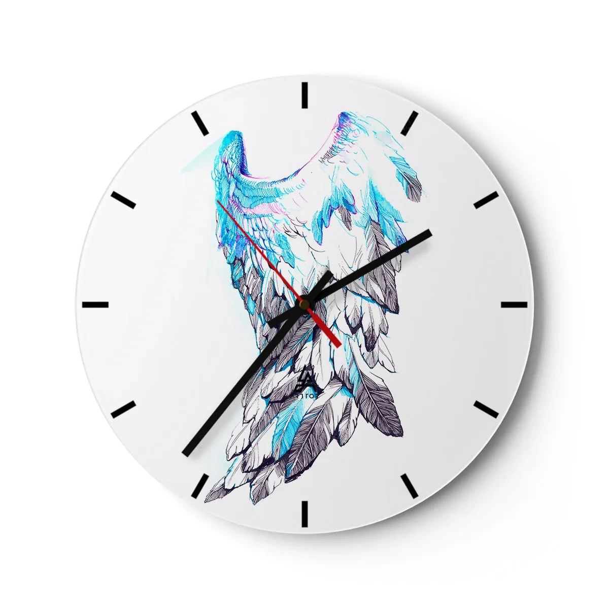 Wall clock - Clock on glass - Artistic wing in shades of blue and white on a white background - 30x30cm - I Need Wings - Modern wall decoration for the living room, kitchen, and bedroom ARTTOR