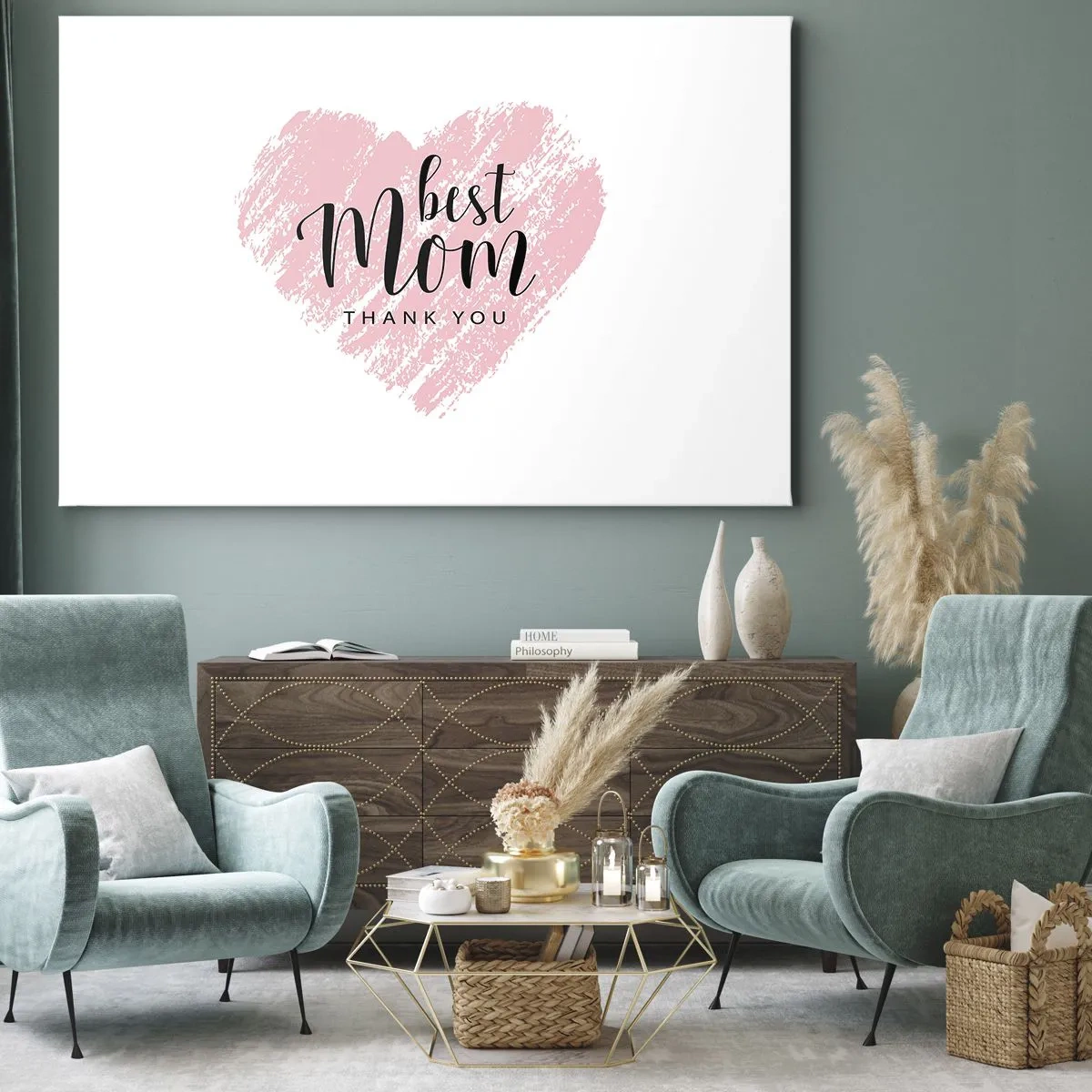 Canvas picture - Pink heart with the words "Best Mom Thank You" on a white background - 70x50cm - Always the Right Moment - Modern wall decoration for the living room and bedroom ARTTOR