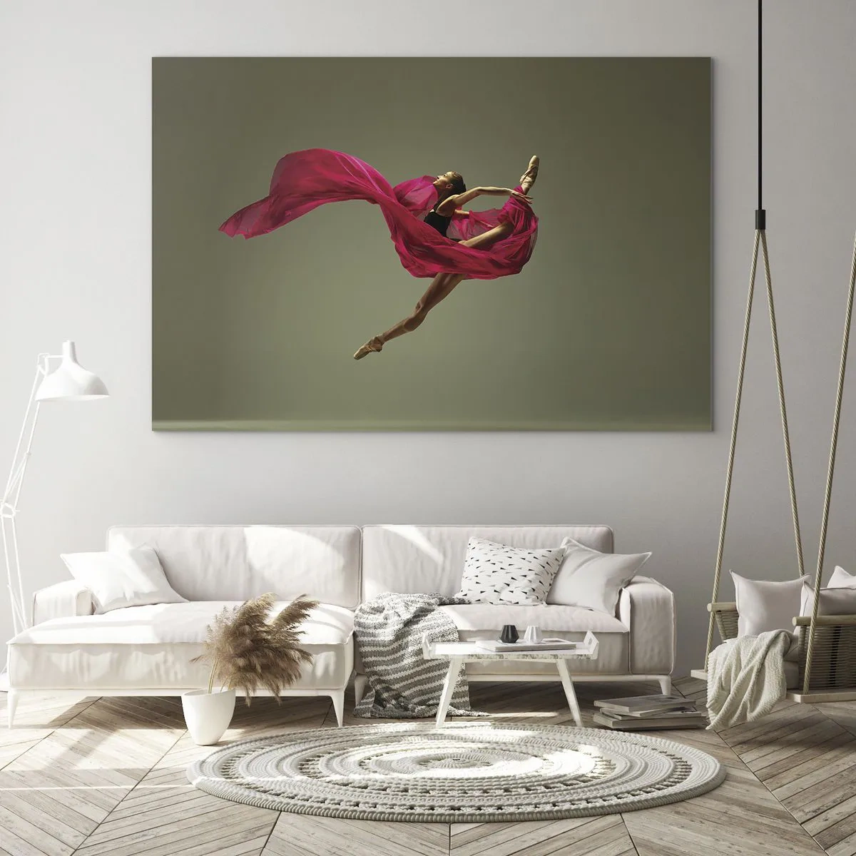 Glass picture - A dancer in flight with a flowing fuchsia fabric - 70x50cm - Dancing Flame - Modern wall decoration for the living room and bedroom ARTTOR