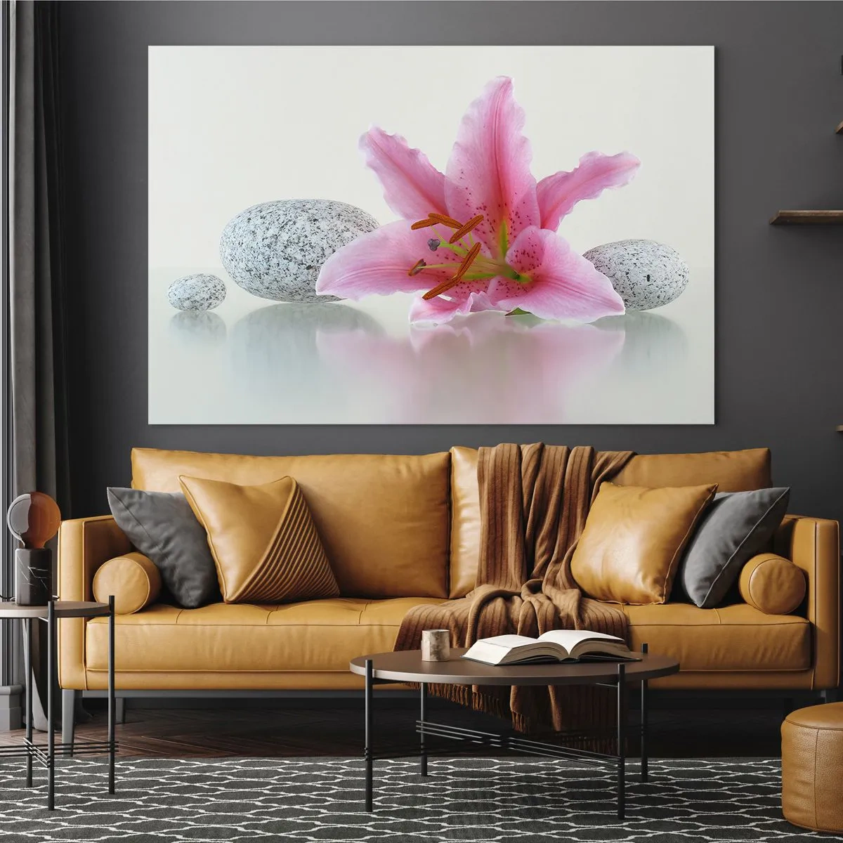 Glass picture - Pink lily against a background of white stones in a spa style - 70x50cm - Study in Pink, Grey and White - Modern wall decoration for the living room and bedroom ARTTOR