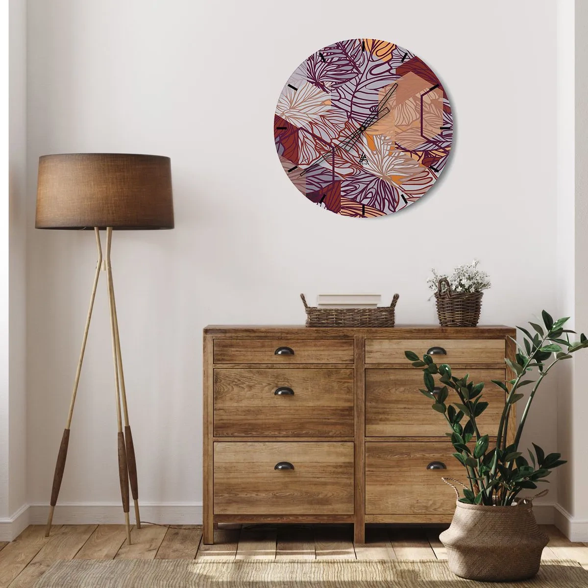 Wall clock - Clock on glass - Abstract leaves in shades of purple, orange, and beige - 30x30cm - Impossible Union of Geometry and Nature - Modern wall decoration for the living room, kitchen, and bedroom ARTTOR