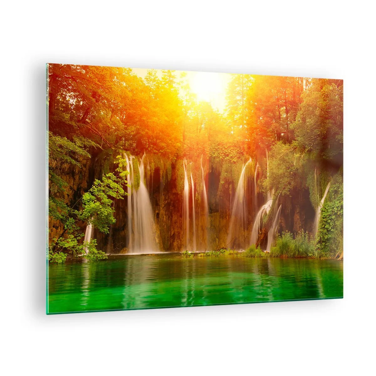 Glass picture - Waterfalls in a sunny forest with turquoise water - 70x50cm - In the Sun and in the Shade - Modern wall decoration for the living room and bedroom ARTTOR