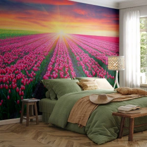 Photo Wallpaper Standard Eco - Beauty Farm - Flowers, Tulips, Sunset - 200x140 cm