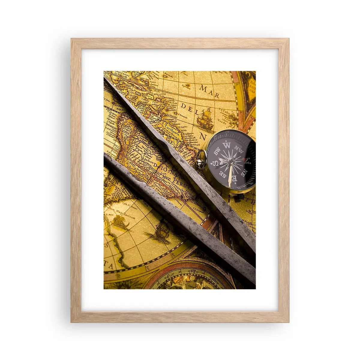 Poster in light oak frame - With a Compass through the Seas - 30x40 cm
