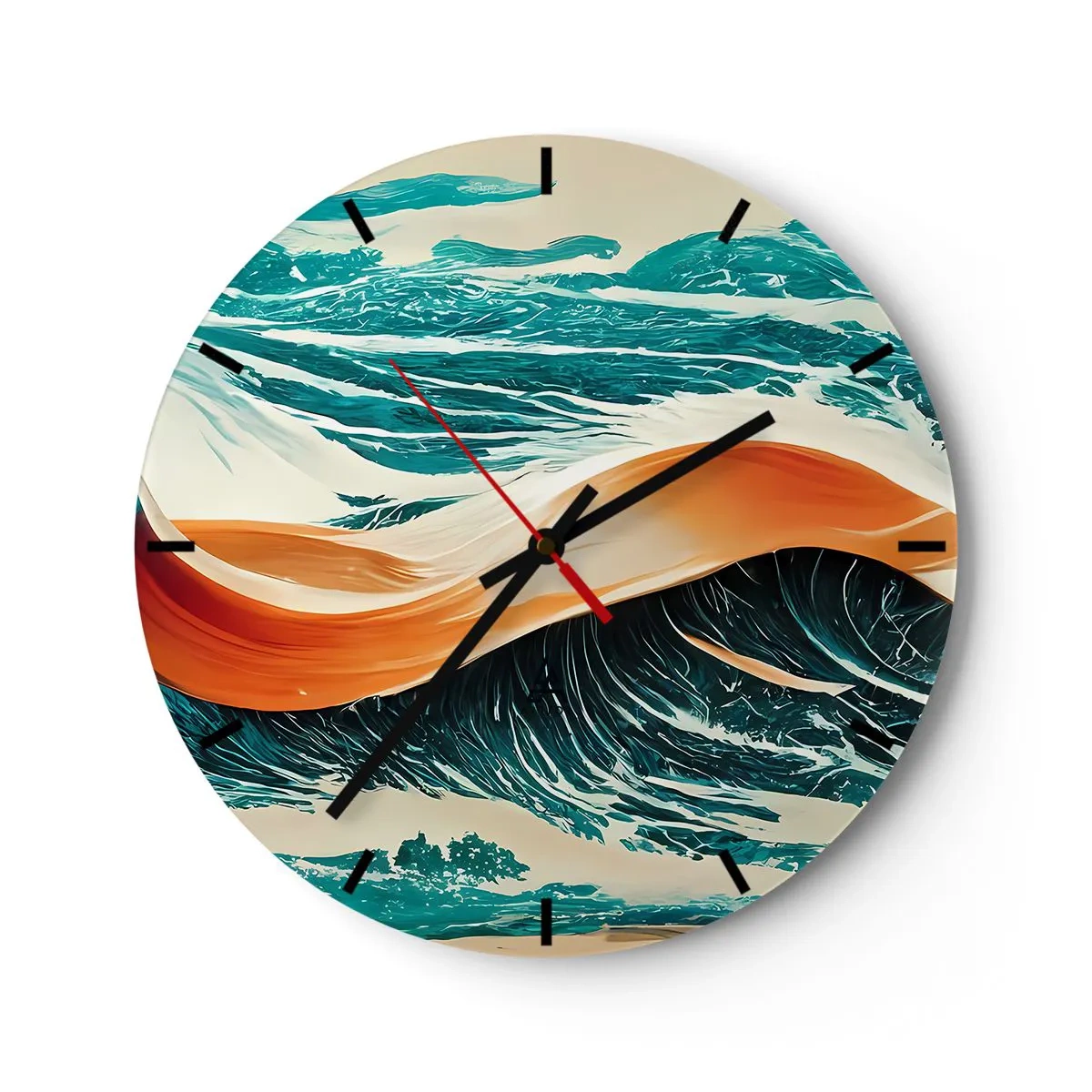Wall clock - Clock on glass - Sea waves with an orange ribbon in a dynamic composition - 30x30cm - Surfer's Dream - Modern wall decoration for the living room, kitchen, and bedroom ARTTOR