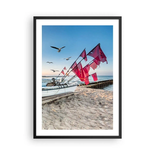 Poster in black frame - Fishing boat with red flags on the beach - 50x70cm - Deserved Rest - Modern wall decoration for the living room and bedroom ARTTOR