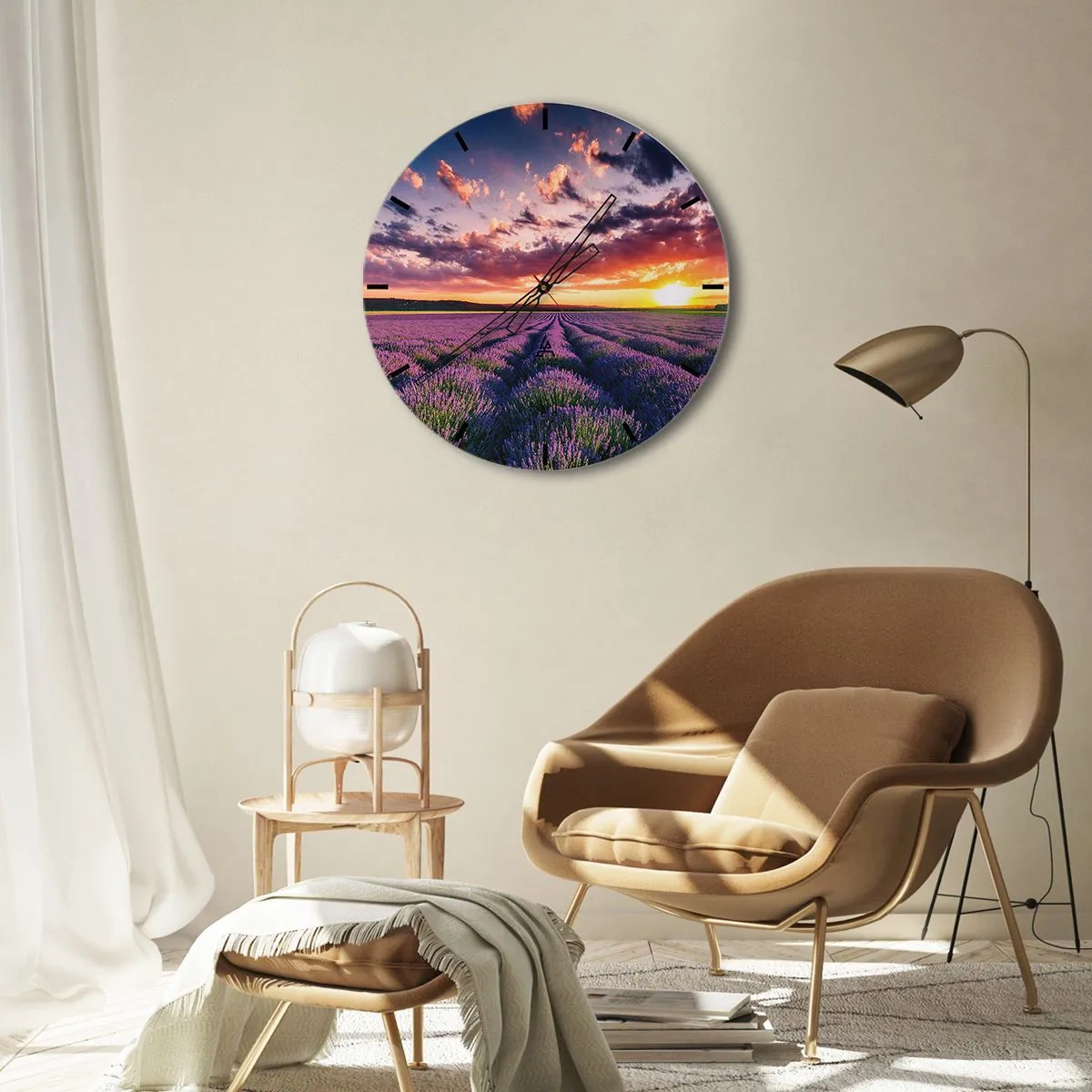 Wall clock - Clock on glass - A lavender field at sunset with a picturesque sky - 30x30cm - Lavender World - Modern wall decoration for the living room, kitchen, and bedroom ARTTOR