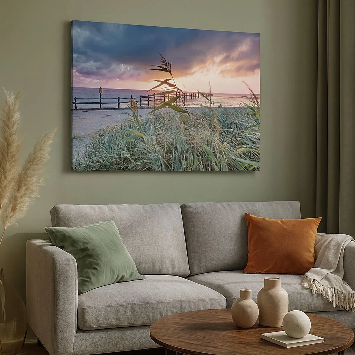 Canvas picture - Beach at sunset with grasses in the foreground - 70x50cm - Not Gone with the Wind - Modern wall decoration for the living room and bedroom ARTTOR
