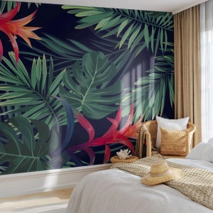 Photo Wallpaper Standard Eco - Burn in Green - Flowers, Tropical Plant, Palm Leaves - 200x140 cm