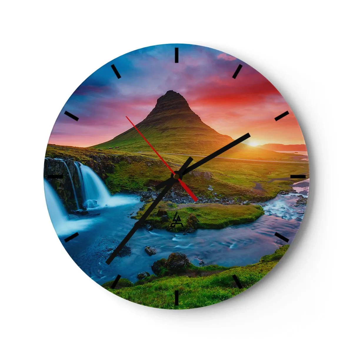 Wall clock - Clock on glass - Waterfall and mountain in the light of the setting sun - 30x30cm - Iceland - Fire and Water - Modern wall decoration for the living room, kitchen, and bedroom ARTTOR