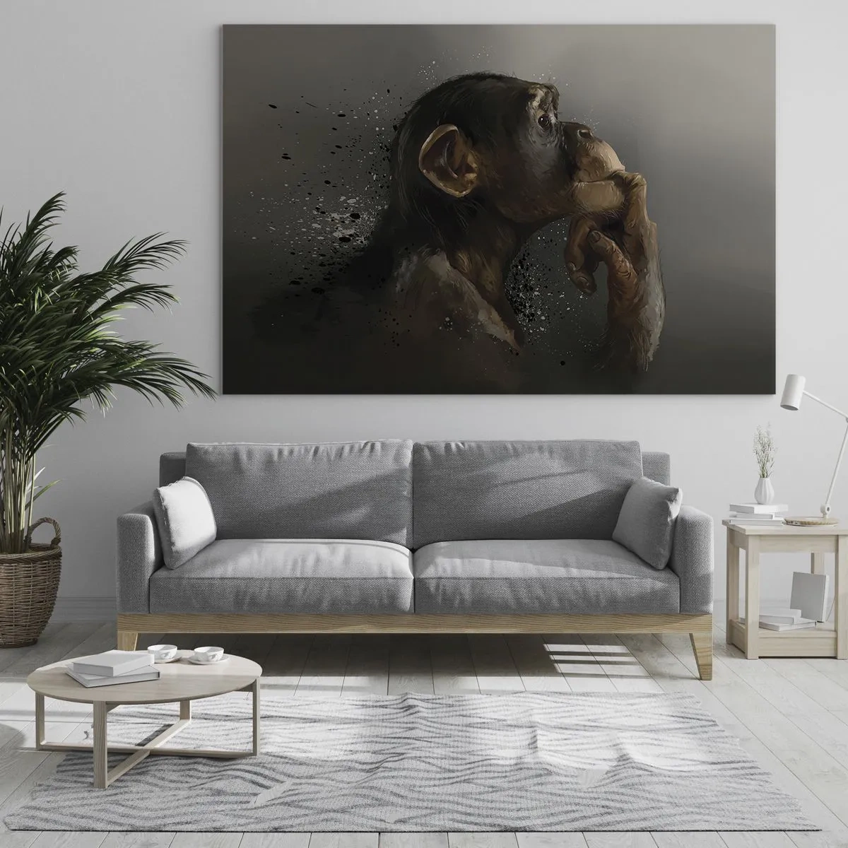Glass picture - A monkey looking thoughtful against a dark background with a splatter effect - 70x50cm - Certainly a Thinker - Modern wall decoration for the living room and bedroom ARTTOR