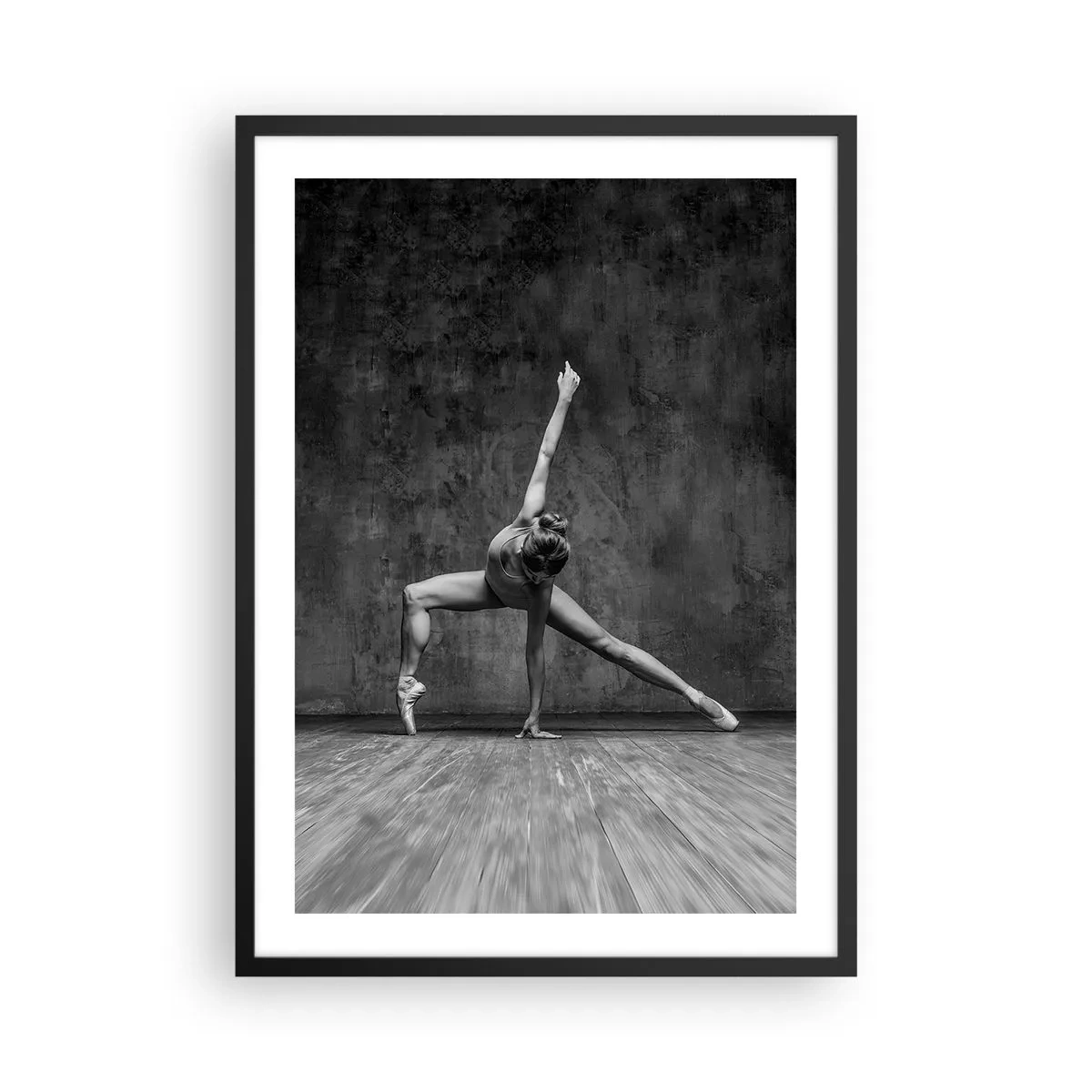 Poster in black frame - A black and white ballerina in a dynamic pose against a raw wall. - 50x70cm - Ideal of Balance - Modern wall decoration for the living room and bedroom ARTTOR