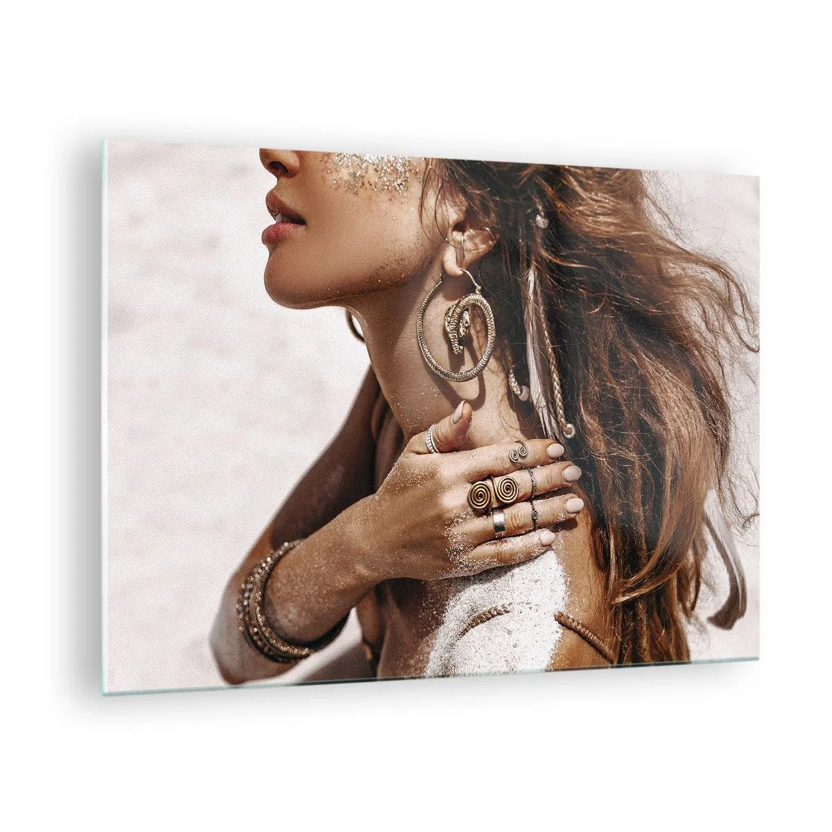 Glass picture - Stylish woman with jewelry and sand on her skin at the beach - 70x50cm - Queen of a Wild Beach - Modern wall decoration for the living room and bedroom ARTTOR
