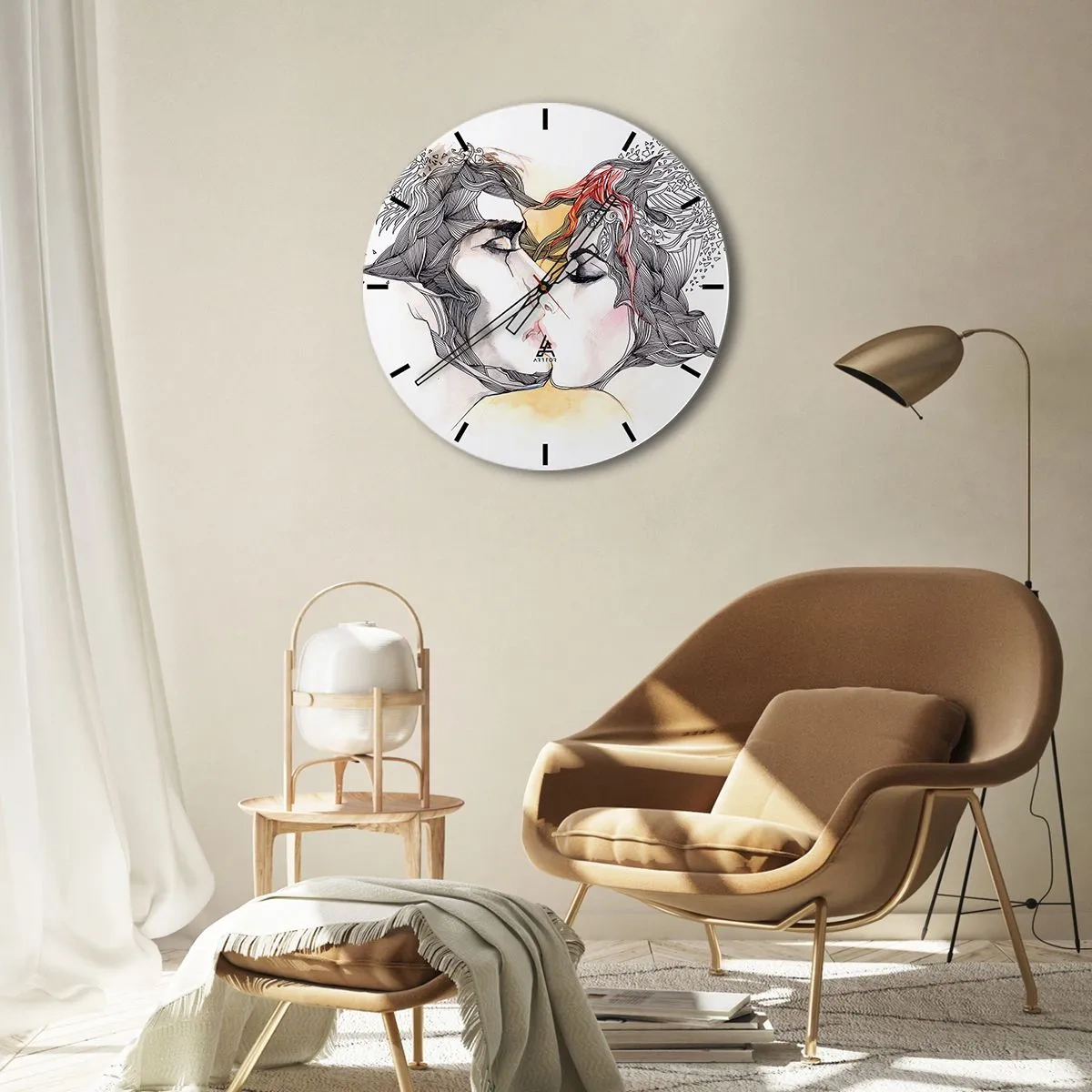 Wall clock - Clock on glass - Artistic kiss scene with details - 30x30cm - World Does Not Exist - Modern wall decoration for the living room, kitchen, and bedroom ARTTOR