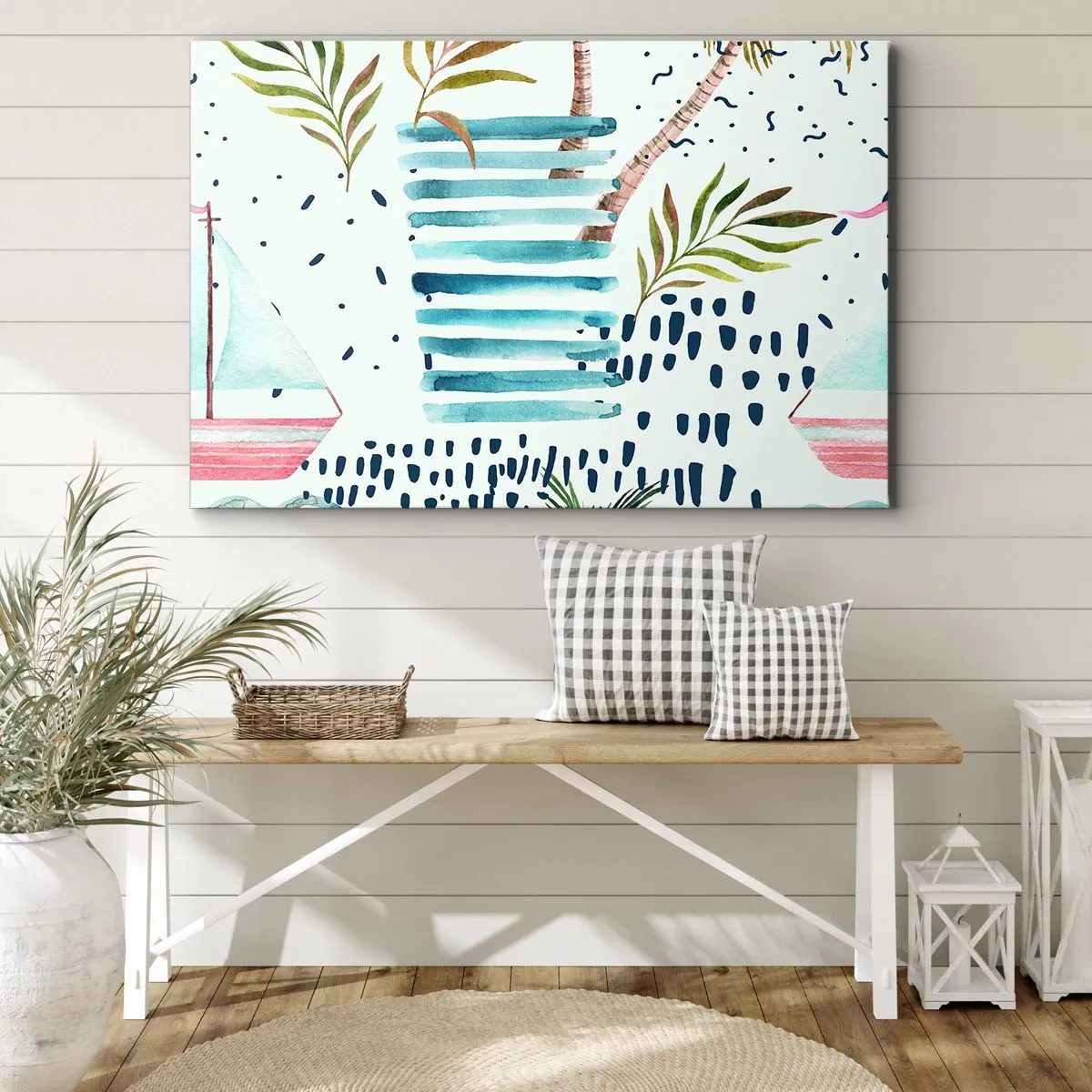 Canvas picture - Abstract pattern with palm trees and nautical accents - 70x50cm - Holidays under the Palms - Modern wall decoration for the living room and bedroom ARTTOR