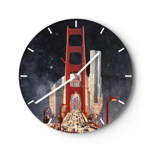 Wall clock - Clock on glass - The city bridge in the light of street lamps against the background of the starry sky - 30x30cm - Always in the Centre - Modern wall decoration for the living room, kitchen, and bedroom ARTTOR