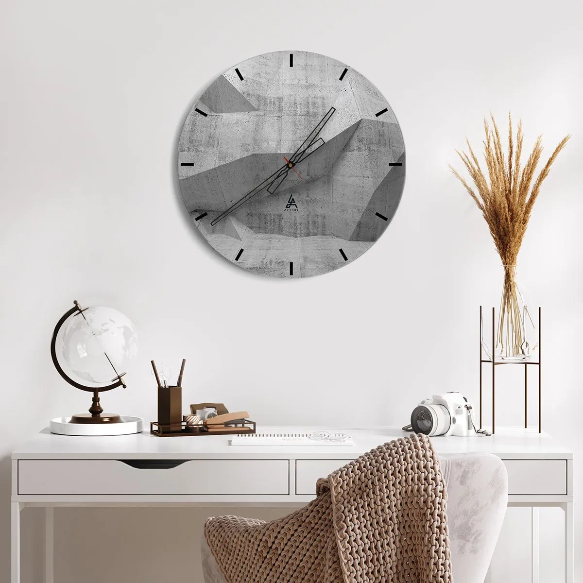 Wall clock - Clock on glass - Geometric concrete structure in shades of gray - 30x30cm - Real Challenge - Modern wall decoration for the living room, kitchen, and bedroom ARTTOR