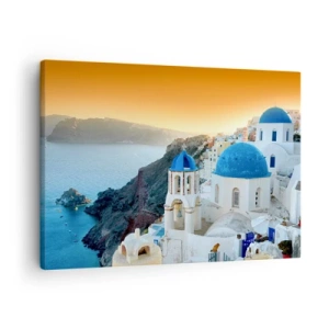 Canvas picture - View of Santorini with white buildings and blue sea - 70x50cm - Santorini - Snuggling up to the Rocks - Modern wall decoration for the living room and bedroom ARTTOR