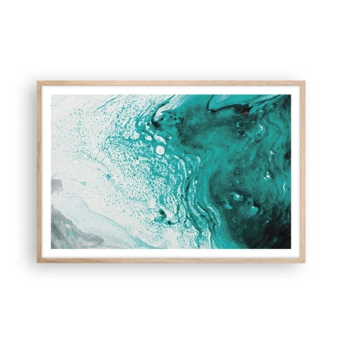 Poster in light oak frame - Dissolving in White and Turquoise - 91x61 cm