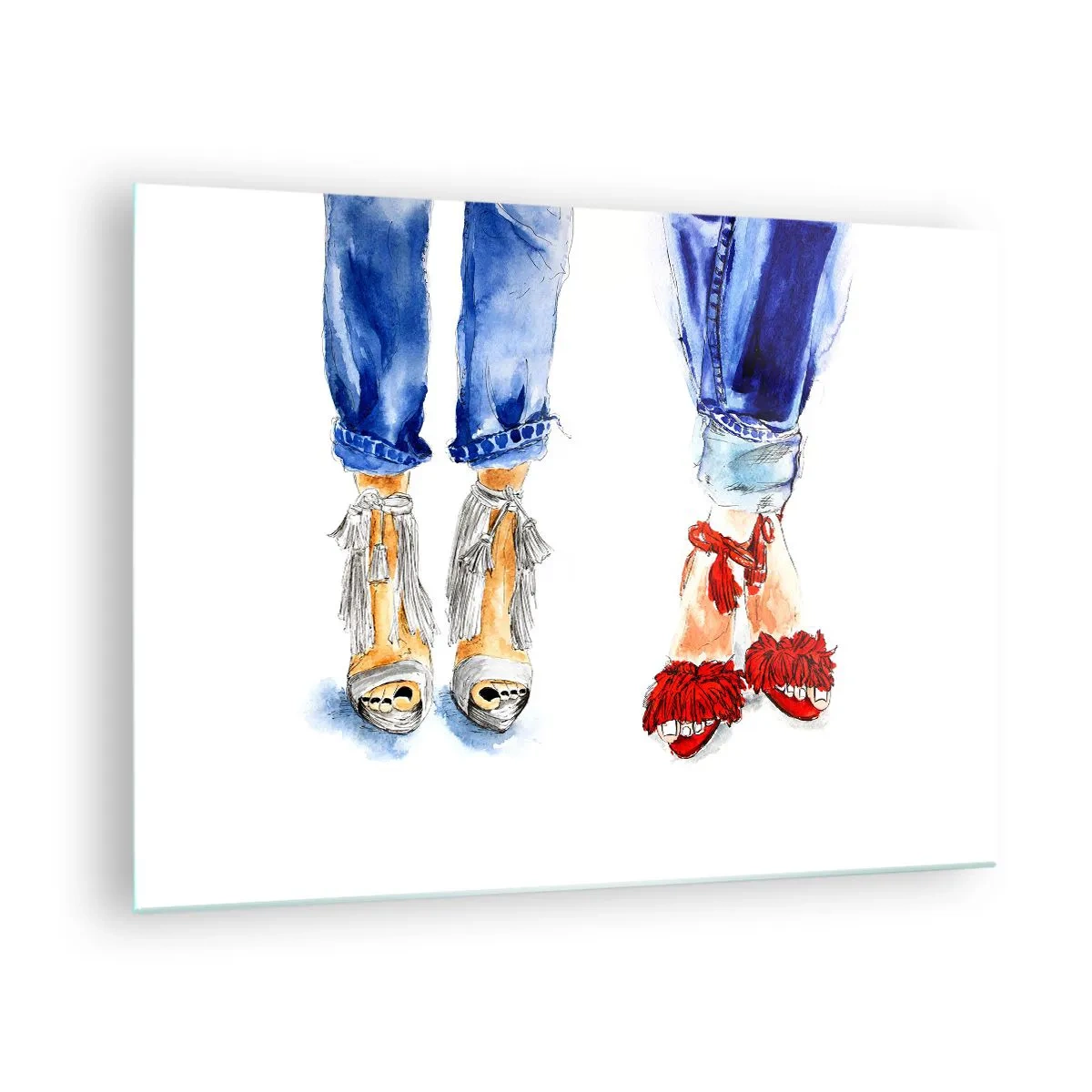 Glass picture - Two stylish shoes against the background of jeans - 70x50cm - Shall We Go for a Walk? - Modern wall decoration for the living room and bedroom ARTTOR
