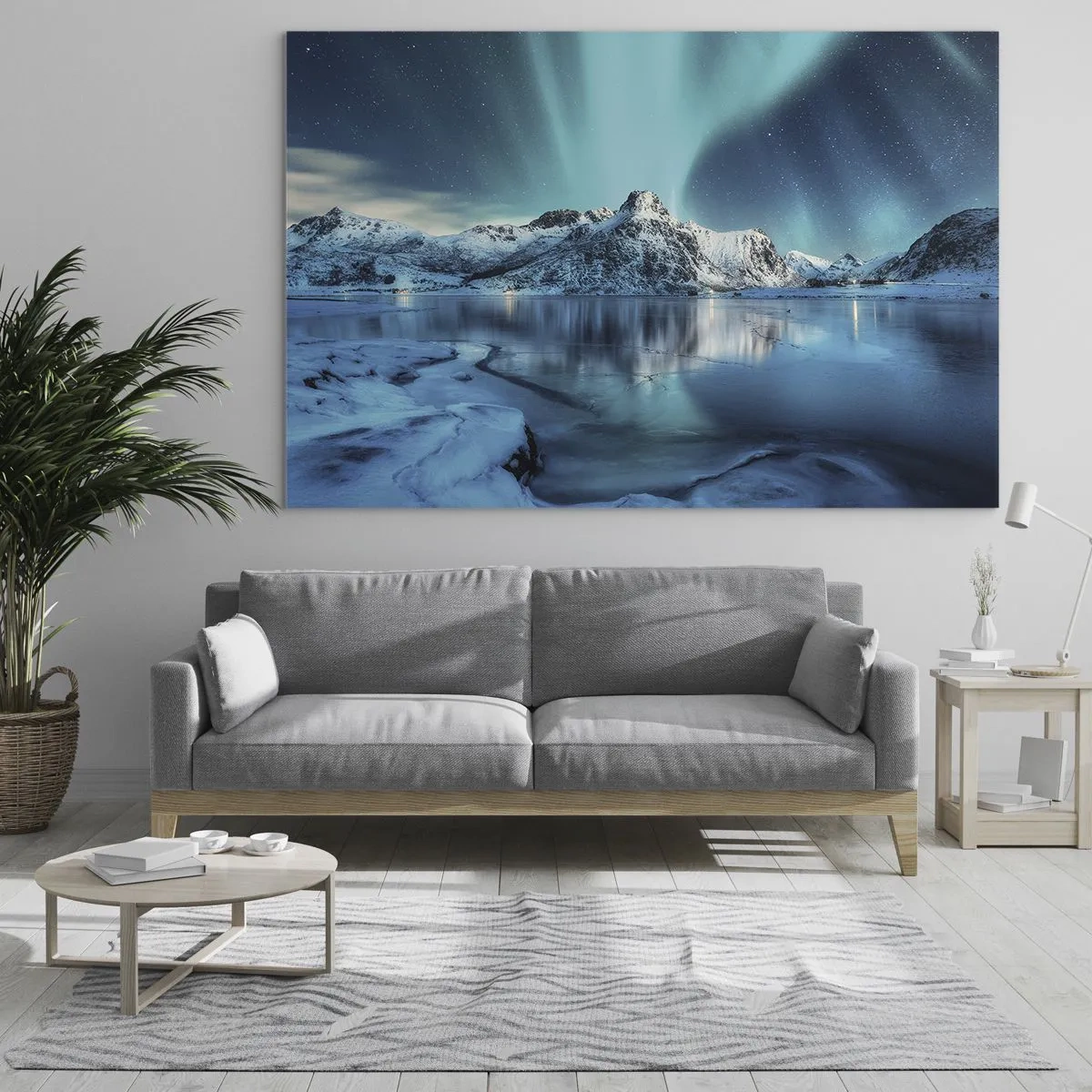 Glass picture - Aurora Borealis over the snow-capped mountains - 70x50cm - The Night of Light - Modern wall decoration for the living room and bedroom ARTTOR