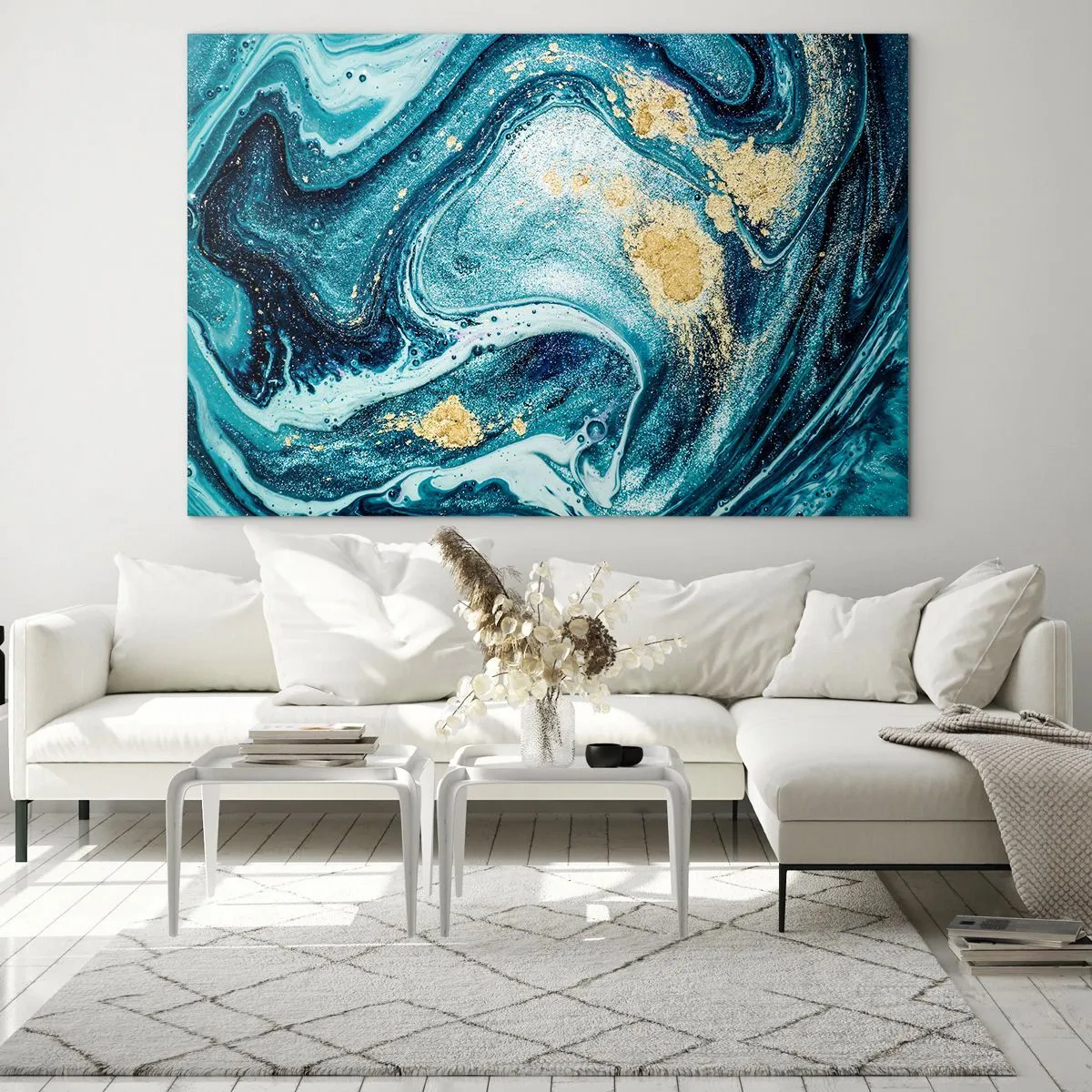 Glass picture - Abstract swirls in shades of turquoise and gold - 70x50cm - Blue Whirl - Modern wall decoration for the living room and bedroom ARTTOR