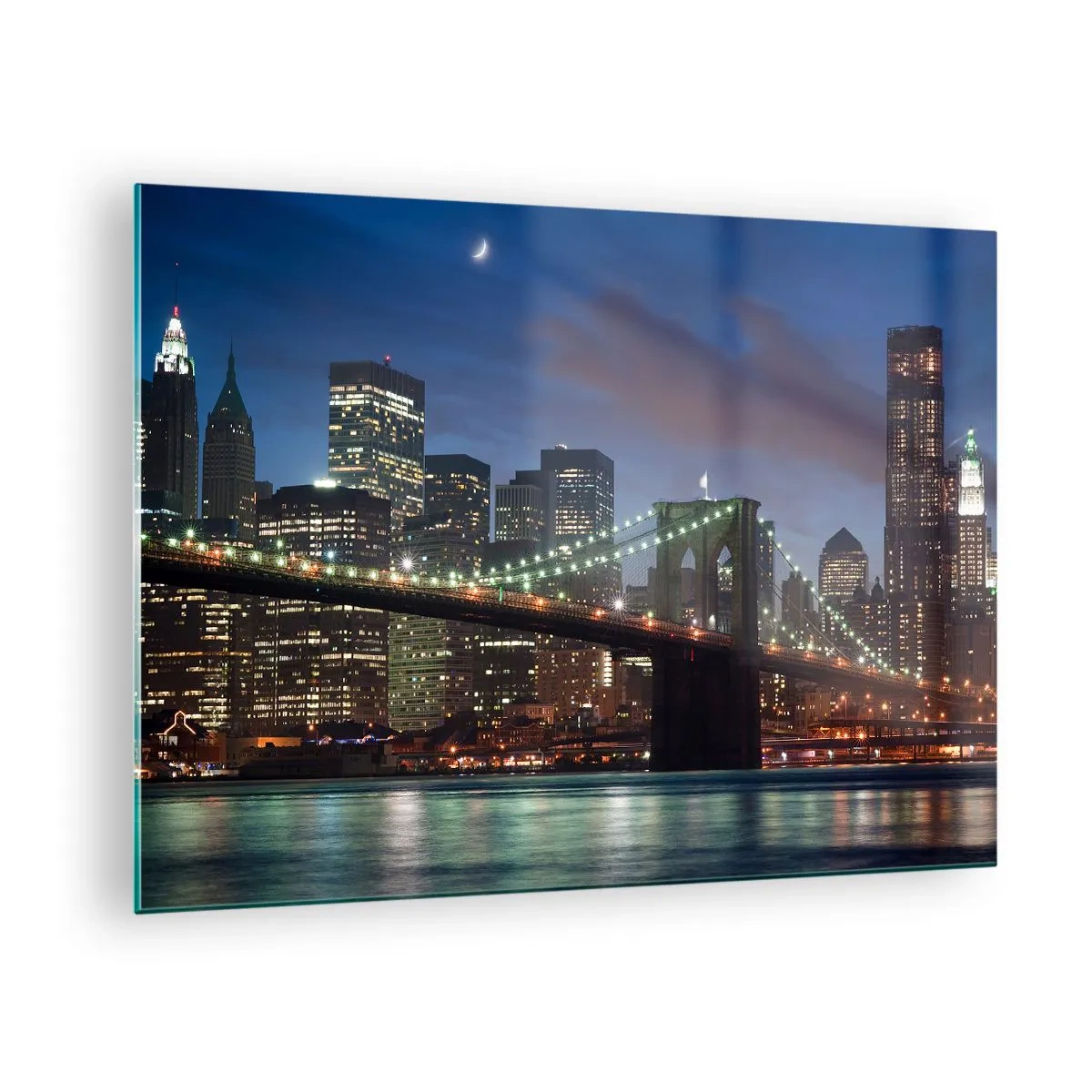 Glass picture - Panorama of the city with the bridge illuminated by night lights - 70x50cm - Starry Night  - Modern wall decoration for the living room and bedroom ARTTOR