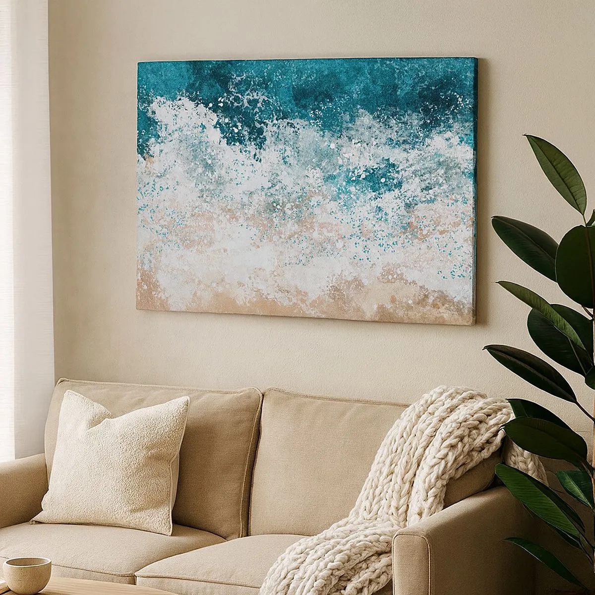 Canvas picture - Abstract sea wave in turquoise and beige shades - 70x50cm - Sea Tales - Modern wall decoration for the living room and bedroom ARTTOR
