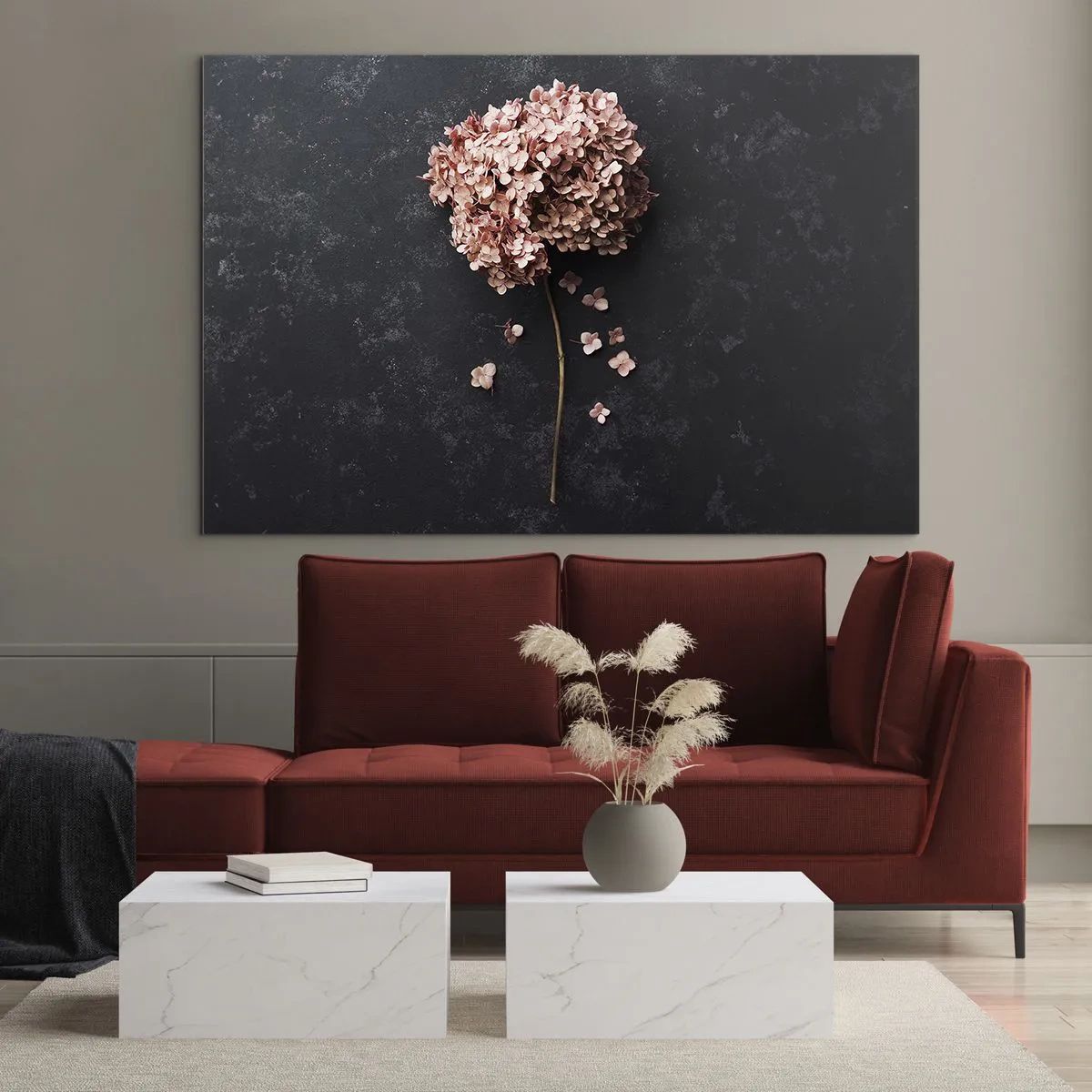 Glass picture - Dry hydrangea with scattered petals on a dark background - 70x50cm - Trully Romantic Sign - Modern wall decoration for the living room and bedroom ARTTOR