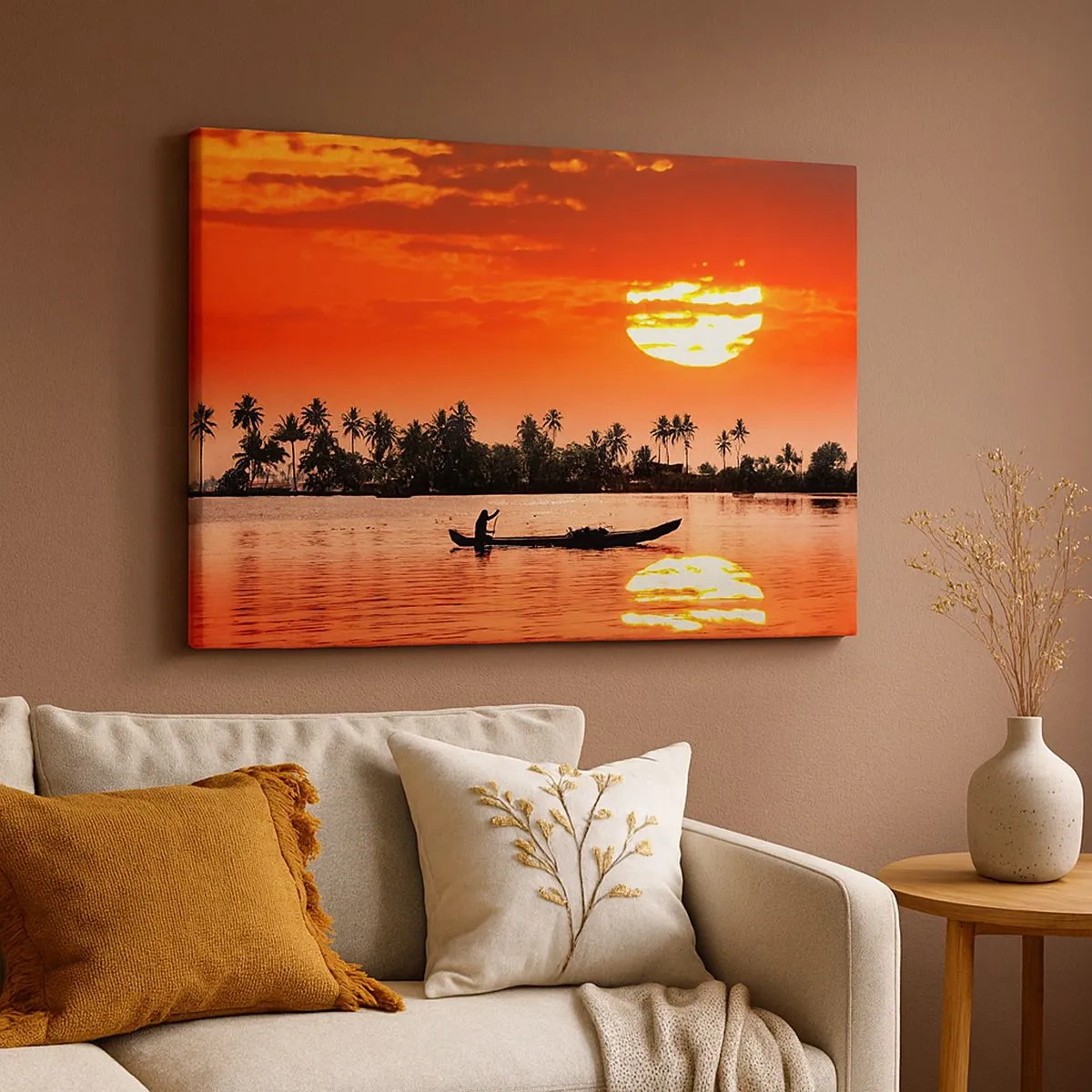 Canvas picture - Tropical sunset with a boat and palm trees in the background - 70x50cm - Peace of the Tropics at Sunset - Modern wall decoration for the living room and bedroom ARTTOR