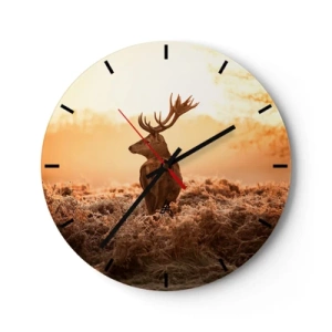 Wall clock - Clock on glass - Deer in the morning mist in warm shades of gold - 30x30cm - Master of the Moor - Modern wall decoration for the living room, kitchen, and bedroom ARTTOR