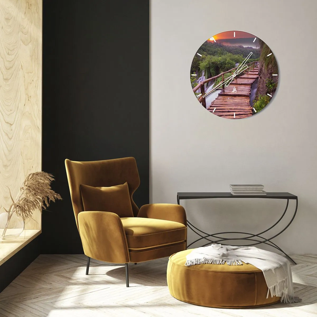 Wall clock - Clock on glass - Wooden footbridge over waterfalls in the forest at sunset - 30x30cm - Unbelievable Beauty - Modern wall decoration for the living room, kitchen, and bedroom ARTTOR