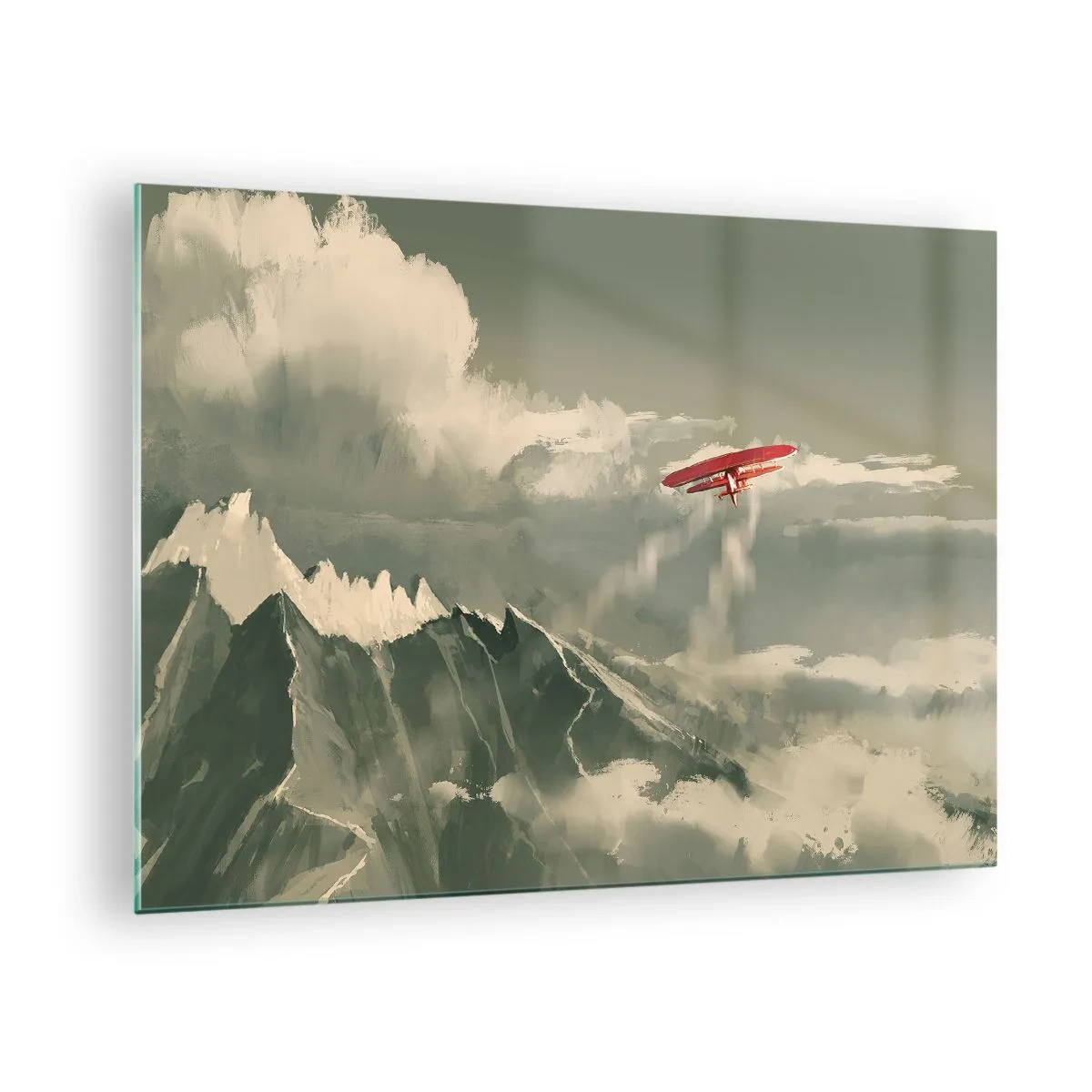 Glass picture - A red plane flying over snow-capped mountains - 70x50cm - Fearless Pioneer - Modern wall decoration for the living room and bedroom ARTTOR
