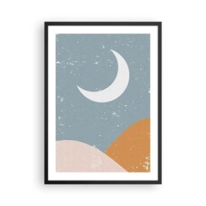 Poster in black frame - A minimalist moon over an abstract landscape. - 50x70cm - Wonder of Many Nights - Modern wall decoration for the living room and bedroom ARTTOR