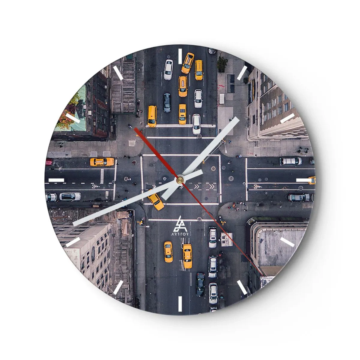 Wall clock - Clock on glass - Aerial view of the intersection with yellow taxis - 30x30cm - Simple Choice - Modern wall decoration for the living room, kitchen, and bedroom ARTTOR
