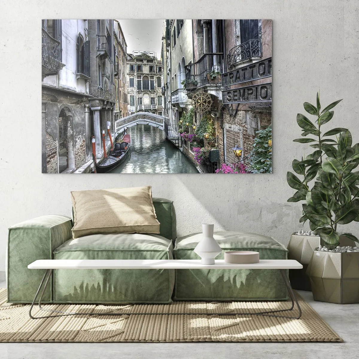 Glass picture - Romantic view of a Venetian canal with a gondola - 70x50cm - For Centuries in Quiet Contemplation - Modern wall decoration for the living room and bedroom ARTTOR