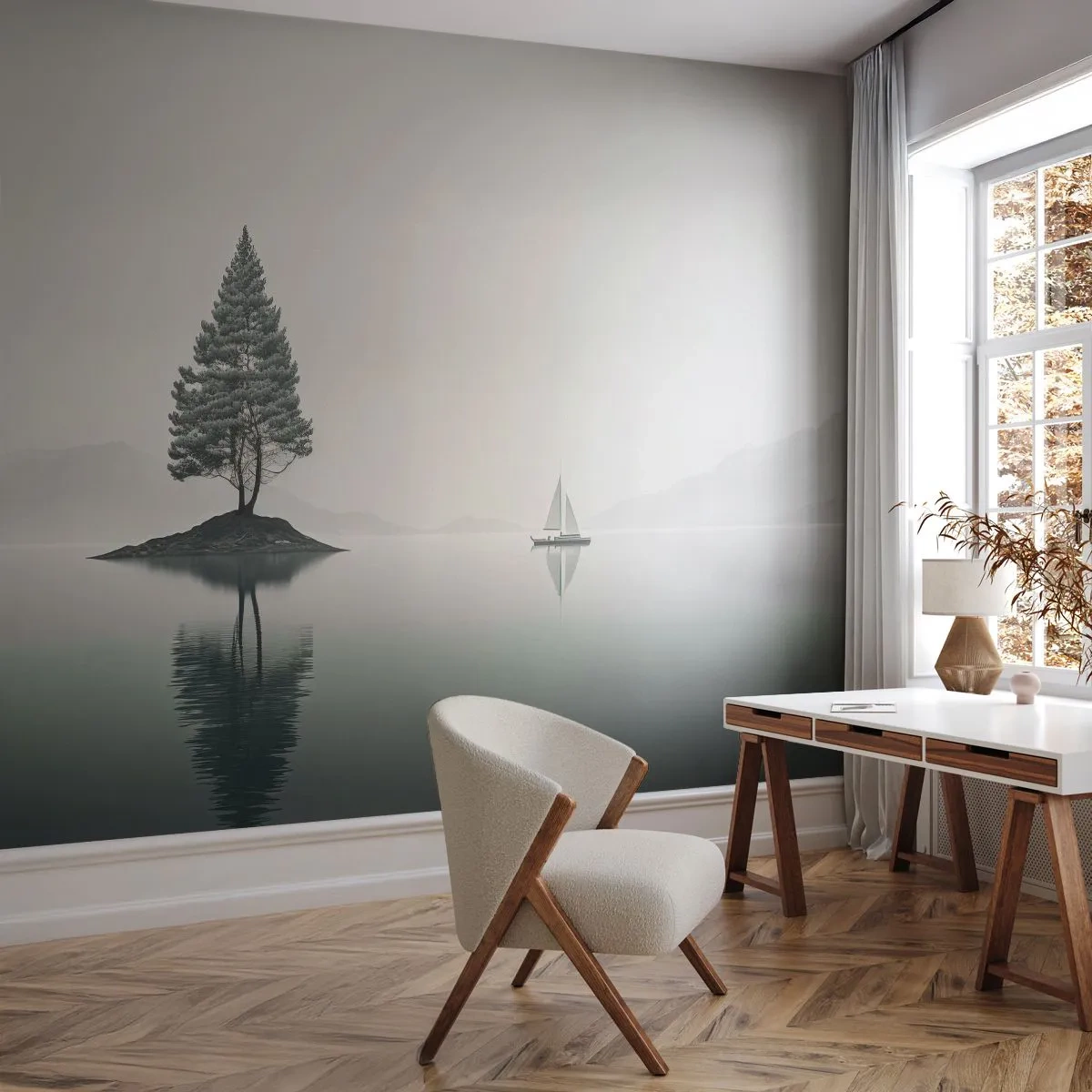Photo Wallpaper Premium Sand - Daydreaming - Composure, Sailboat, Lake - 100x70 cm