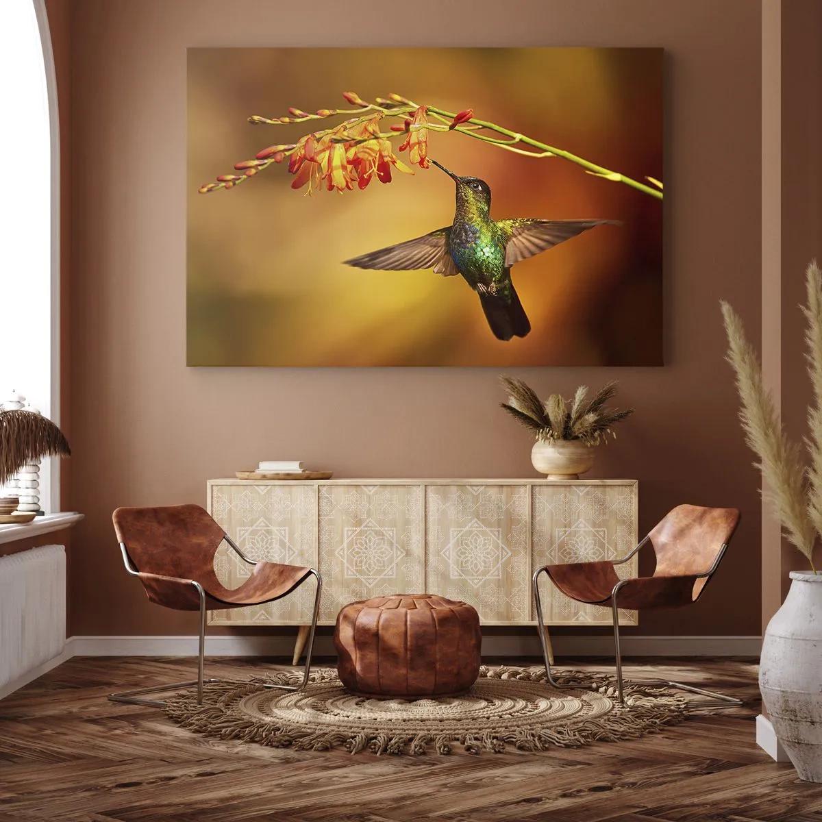 Canvas picture - Hummingbird by a flower in the warm light - 70x50cm - Messenger of Light according to the Mayans - Modern wall decoration for the living room and bedroom ARTTOR